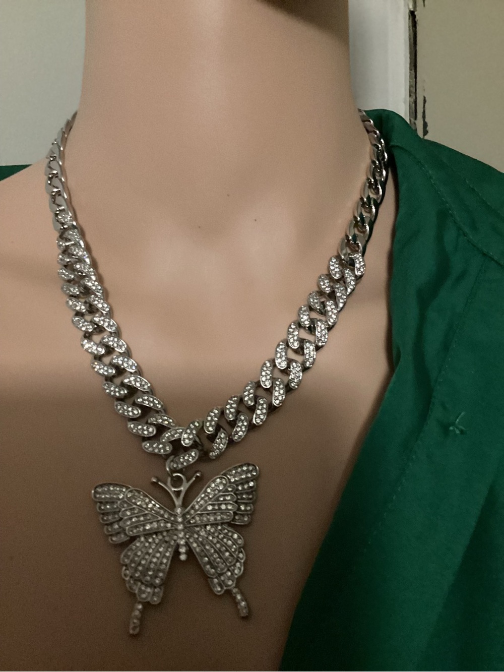 Crystal Butterfly Cuban Link Necklace and Bracelet in Silver
